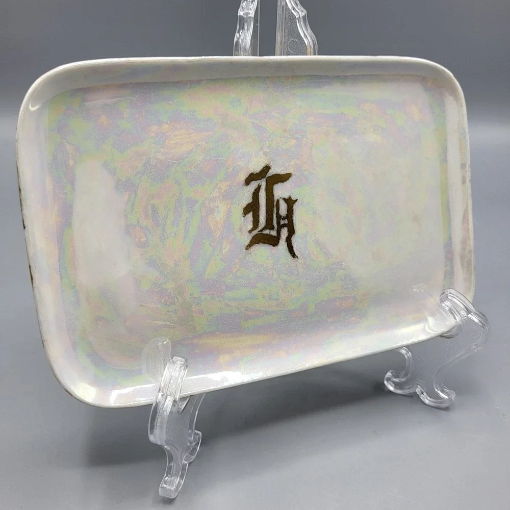 Vintage Limoges Trinket Dish Iridescent Gold Monogram Luster Tray White 6.75x4.5